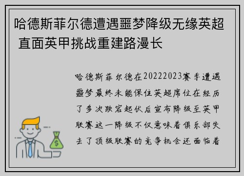 哈德斯菲尔德遭遇噩梦降级无缘英超 直面英甲挑战重建路漫长